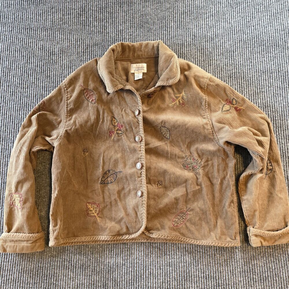 Vintage Christopher & Banks Size XL Tan Embroidered Corduroy Shirt jacket Autumn